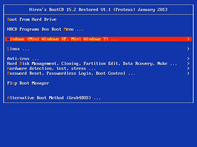 BartPE mini Windows 7 mini Windows XP WinPE Partition manager all in Hirens Boot DVD Restored Edition