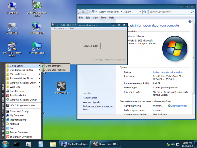 BartPE mini Windows 7 mini Windows XP WinPE Partition manager all in Hirens Boot DVD Restored Edition