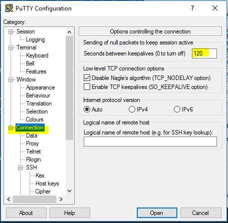 putty ssh timeout