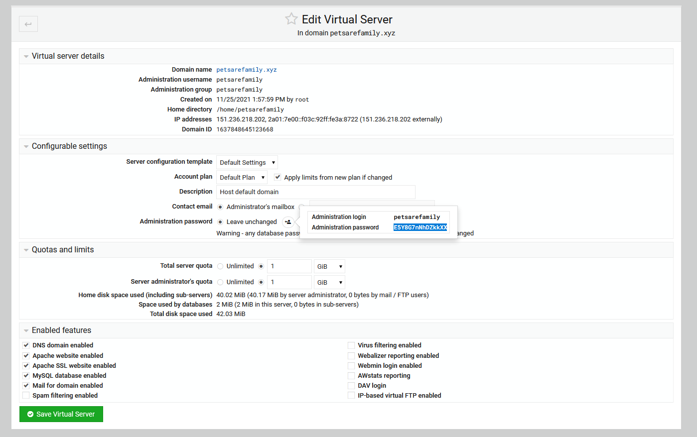 Virtualmin Edit User