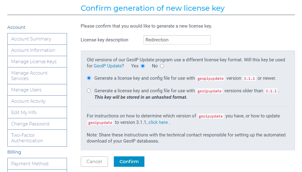 maxmind geolite generate license key