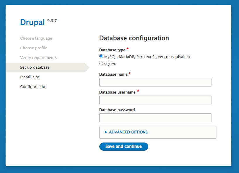 install drupal 9 database setup step