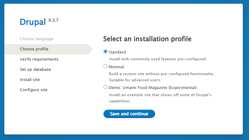 drupal 9 installation select profile