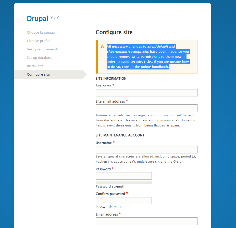 drupal 9 site configuration installation