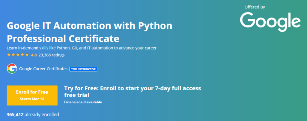 Python Coursera Google IT Automation with Python Professional Certificate Scholarship-financial aid Course