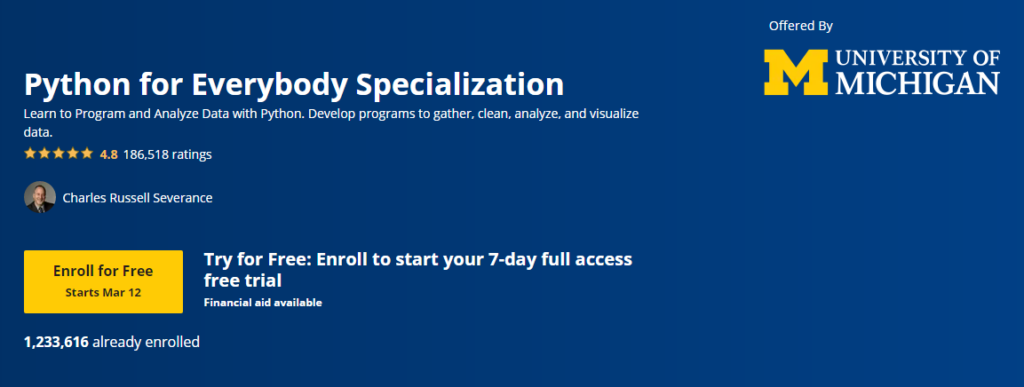 Python for Everybody Specialization Coursera University Of Michigan Scholarship-Financial aid Course