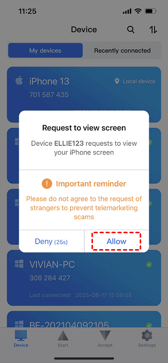 AnyViewer- Grant screen access permission on your iPhone